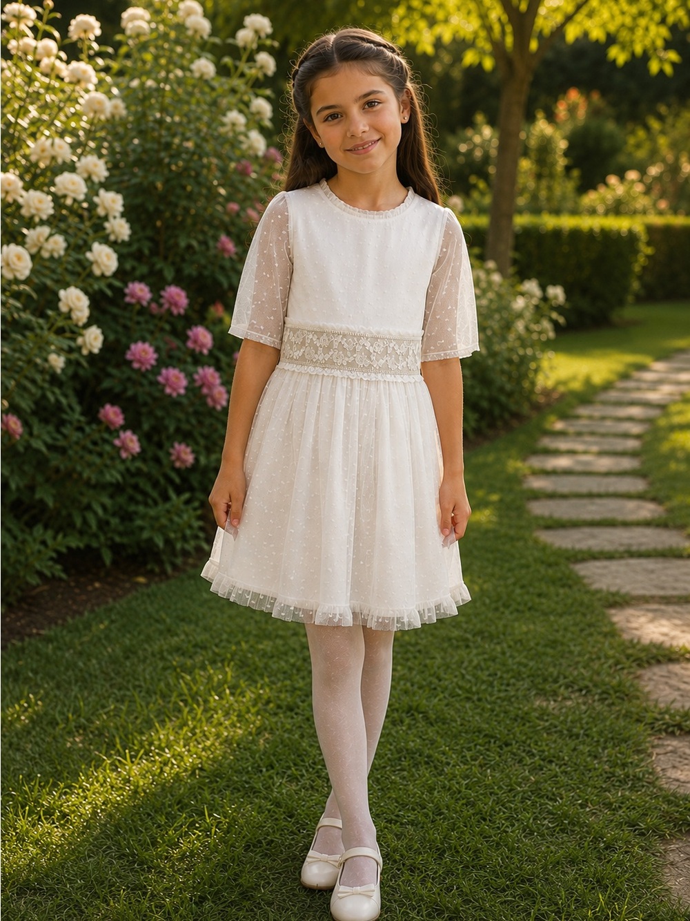 White Lace Accented Girls Dress NWT